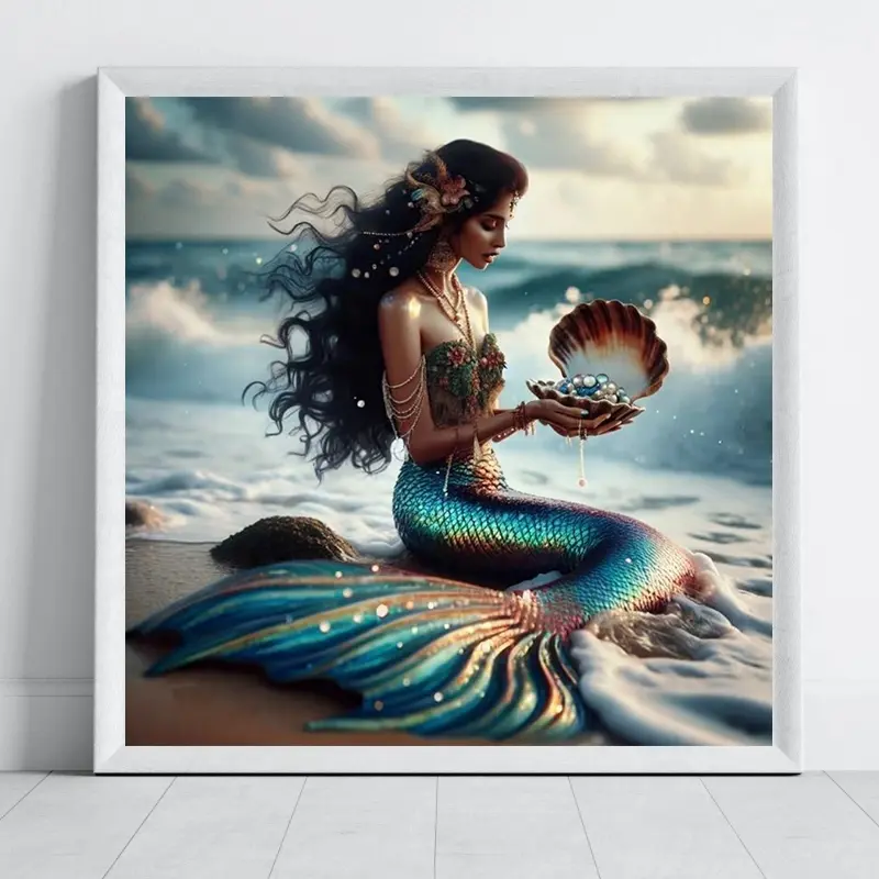 Mermaid Diamond Painting Kit, Adult Art Craft Set, Frameless DIY 5D Diamond Art, Beginner Home Decor, Full Round Drill Paintings, Round Diamonds, Seascape, Shimmering Effect, Vibrant Visuals, Creativity, Comprehensive Kit