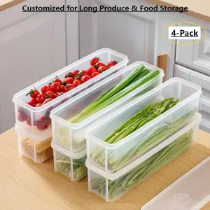 4-Pack Long Strip Food Storage Boxes, Transparent Body with Lid, Clear Plastic Stackable, Refrigerator Use, Stackable, Leak-Proof, Freshness Locking