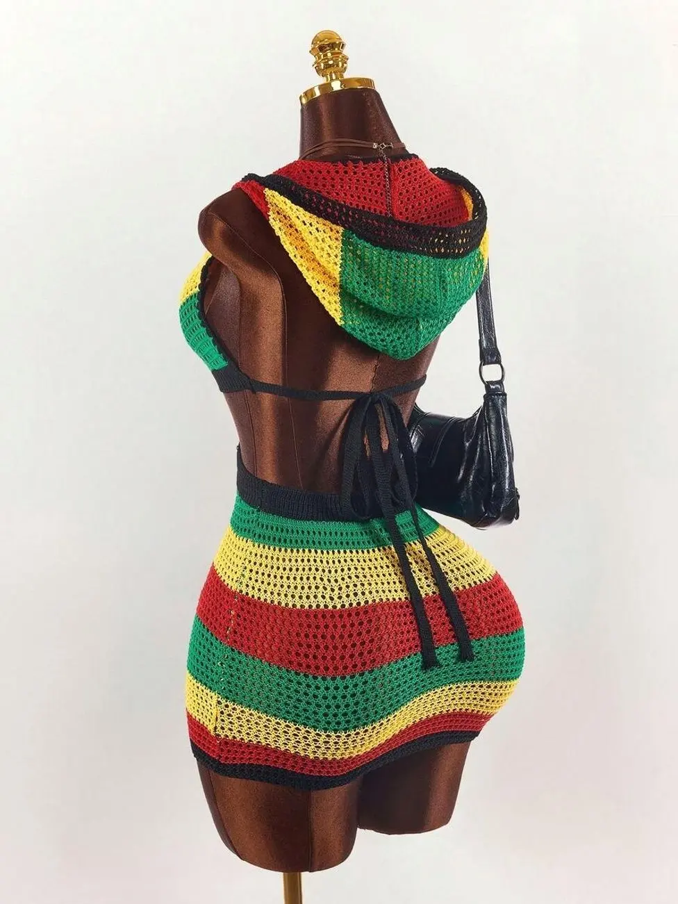 Women's Striped V-Neck Hollow-Out Crochet Knit Mini Dress, Lightweight Beachwear for Summer Vacation