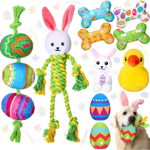 10 Pcs Easter Dog Toys with Squeaker Includes 4 Plush Bone 2 Rope Toys for Dogs 2 Easter Egg 1 Plush Bunny & Chick for Puppy/Small/Medium/Large Breeds Holiday Pet Gift