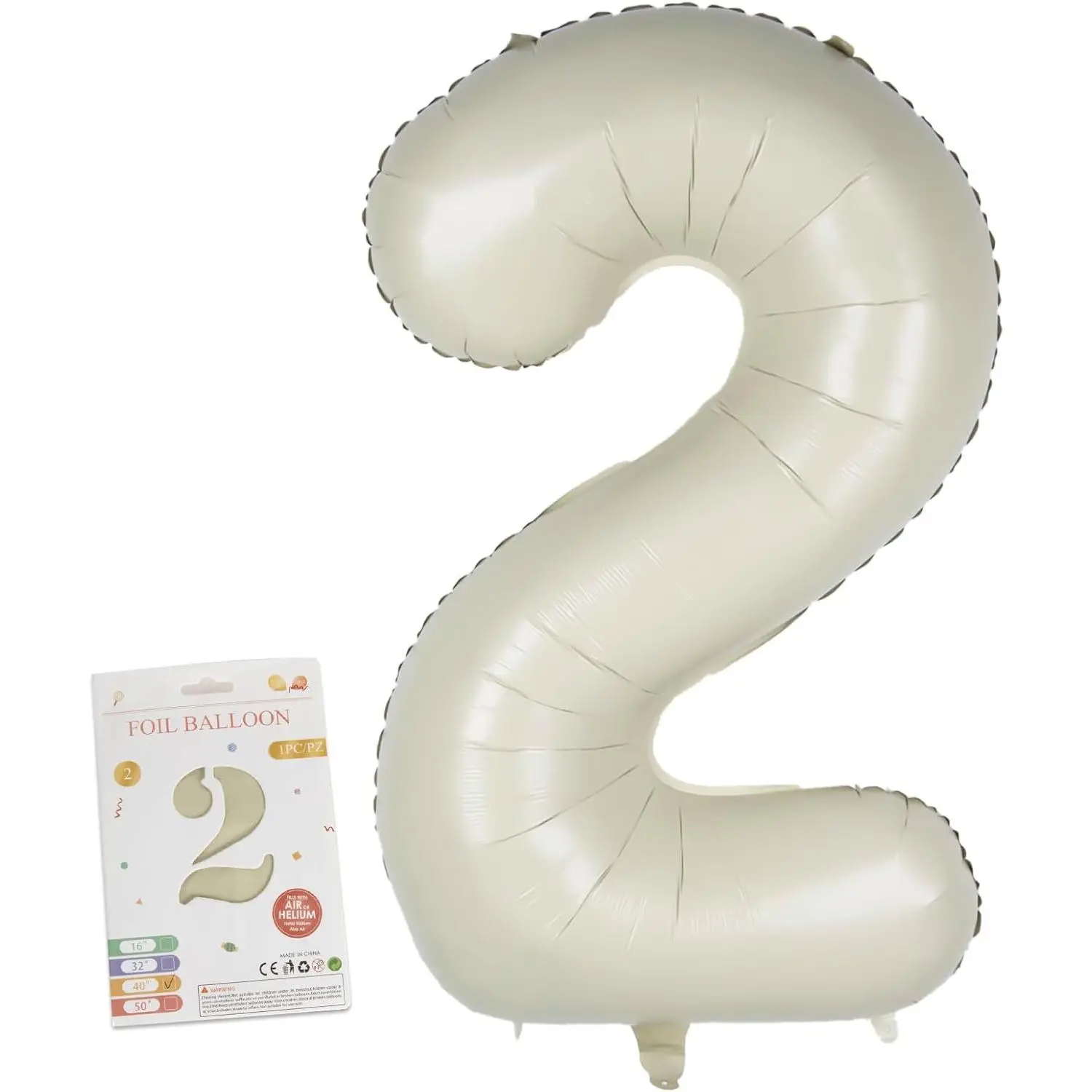 40-Inch Minimalist Creamy White Number 2 Foil Mylar Balloon, Large Beige Digital 0-9 Balloon for Happy Birthday Party Decor, Backdrop Prop, Helium or Air Fillable to Float