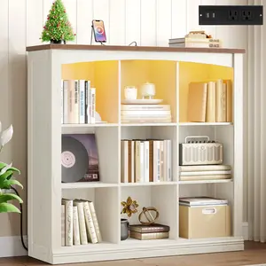 Cube Bookshelf, 9 Cube Storage Organizer, 3 Tier Wood Cubby Bookshelf with Led Lights and Charging, Low Bookcase for Bedroom, Office, Living Room