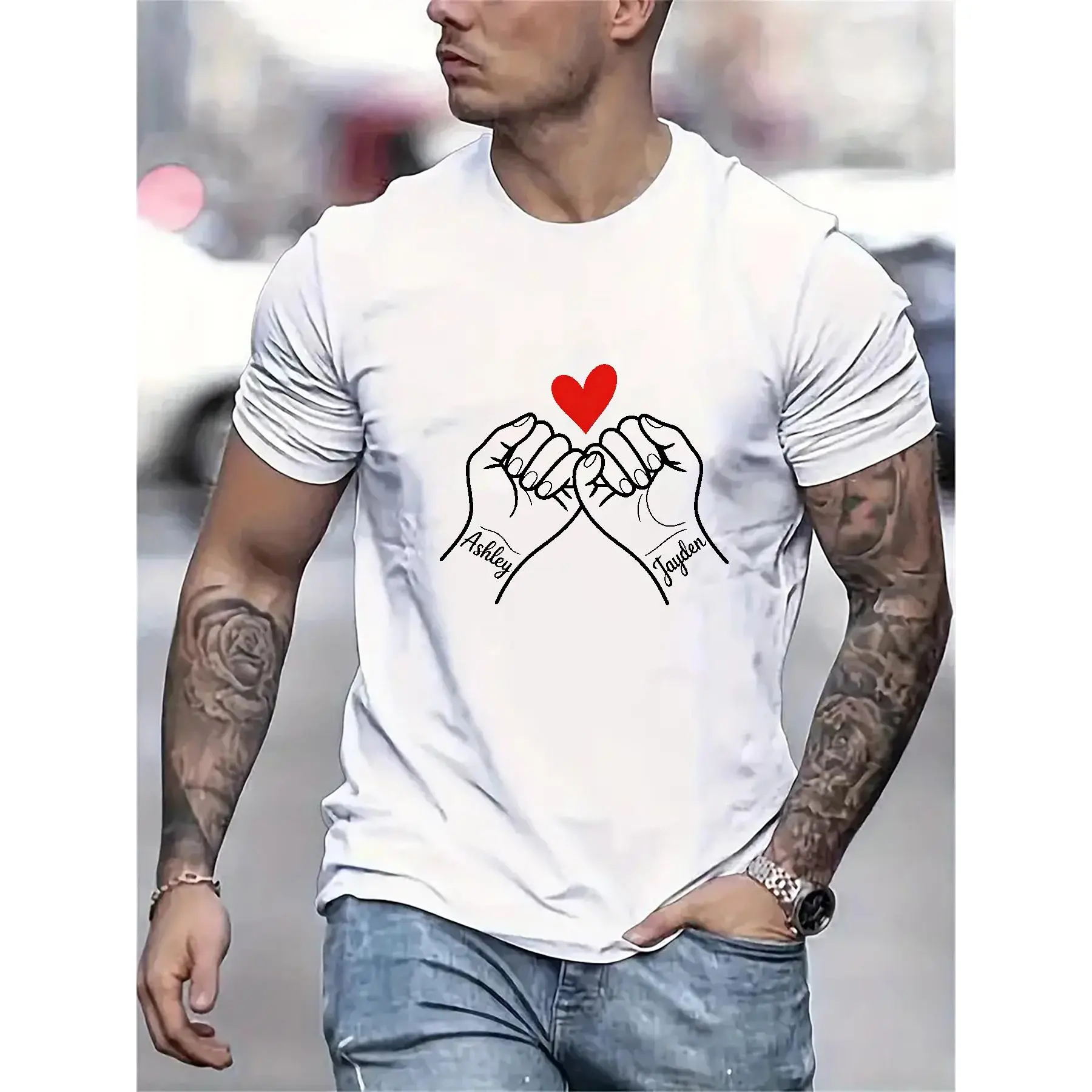 Heart Hands With Names Ashley And Jayden Print T-Shirt | Casual Crew Neck, Slight Stretch Fabric, Perfect for Couples Valentine'S Day Gift