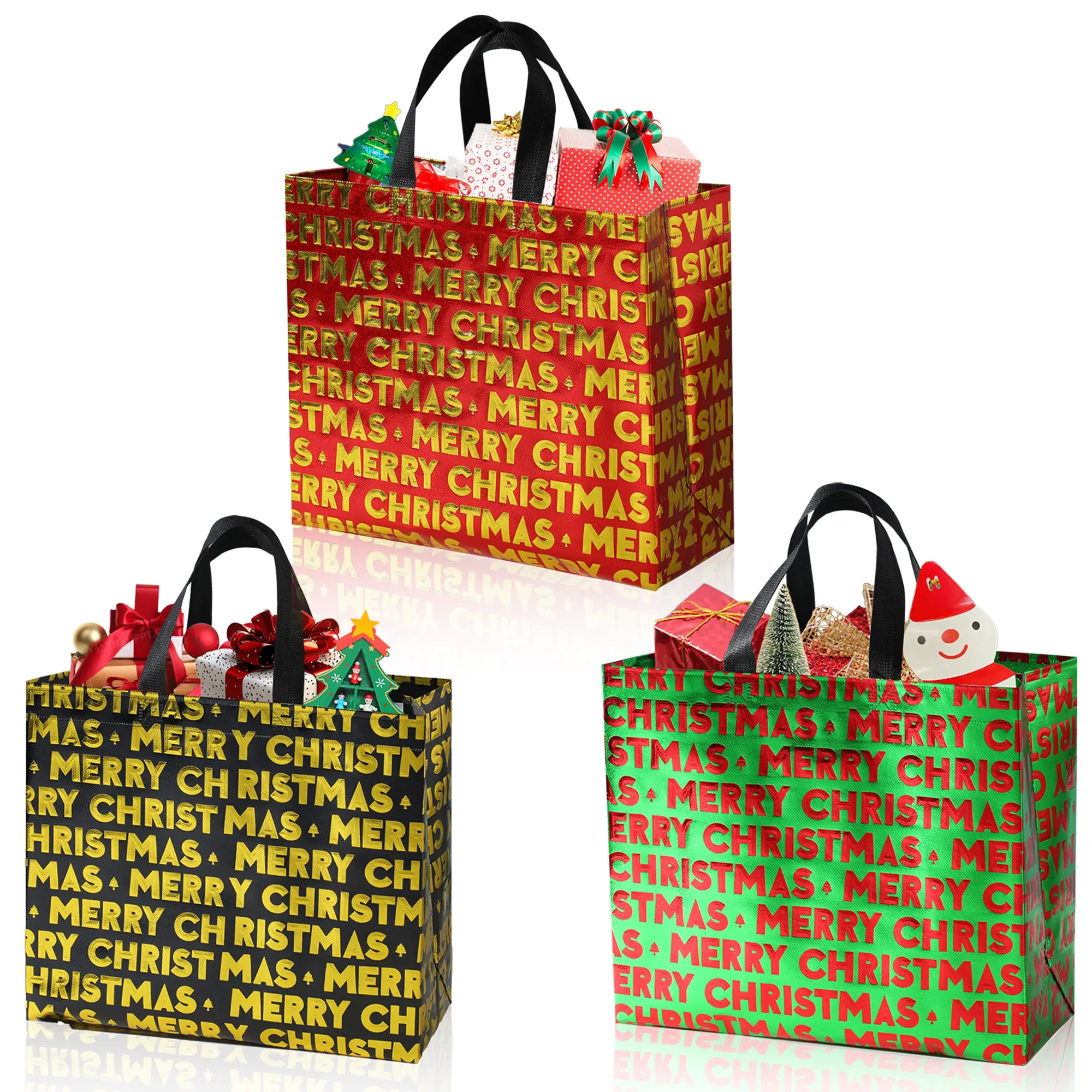 Large Christmas Gift Bags Set of 12 with Handles, Reusable Non-Woven Fabric, Gold Foil Tree Design, Perfect for Holiday Parties & Shopping