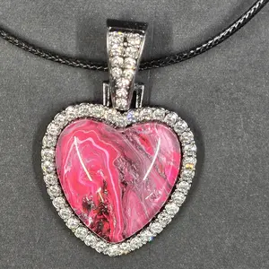 Heart Necklace 25mm hand painted pendant with rhintestones and 18 inch leather cord