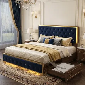 SIBEDS Queen Size LED Bedframe, Modern Upholstered Bed with LED Lights, 2 Storage Drawers, High Tufted Crystal Button Headboard, Noise-Free Platform Bed, No Box Spring Needed, PU Velvet/Leather, Black & Gray