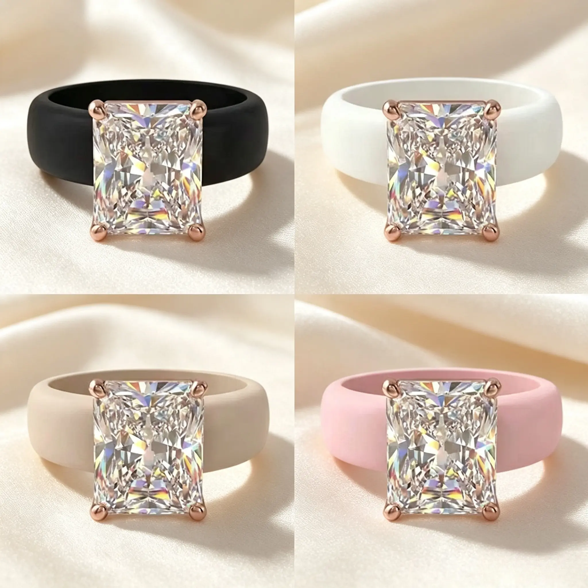 Women Radiant Square Cut Crystal Silicone Engagement Ring, Rose Gold Four Prong Setting Shiny Simulated Diamond Rubber Wedding Promise Band, Comfortable Soft Stackable Ring, Black White Pink Beige Multi Color Options