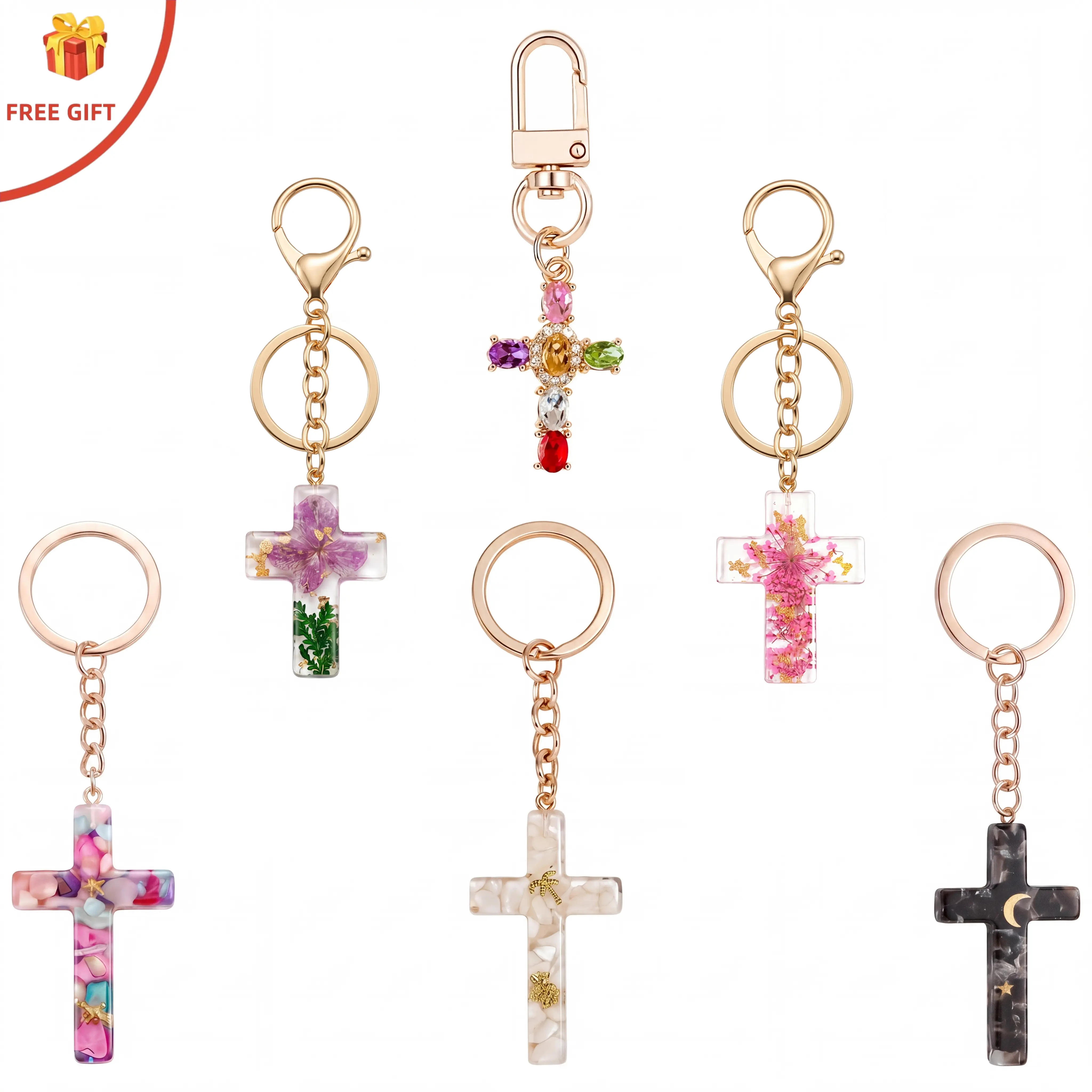 6-Piece Handmade Resin Cross Keychain Set with Real Flowers & Gems, Religious Gift for Baptism, Keychain for Purse and Bags, Handmade Keychains
