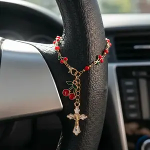 Cute Cherry Car Steering Wheel Pendant, Cross Steering Wheel Charm, Car Decoration, Religious Ornament, Bag Charm, Gift for Her, Car Interior Decoration
