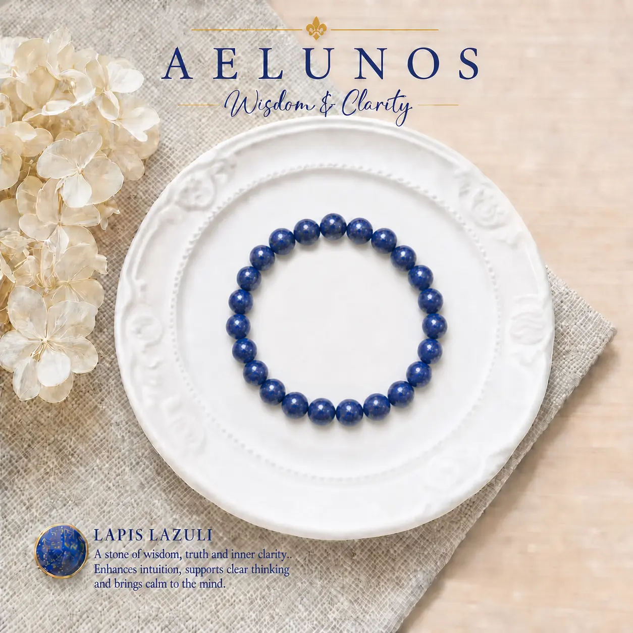 AELUNOS Blue Lapis Lazuli Beaded Bracelet - 8mm/12mm Adjustable Stretch Natural Crystal Jewelry, Boho Style for Wisdom Truth Inner Clarity, Daily Wear Gift for Adults