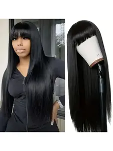 Human hair straight wig with bangs - 180% density 2x3 lace forehead, natural black and light beige tones, casual style, suitable for all skin tones and ethnicities, easy-to-wear headpiece, modern hair accessories, protective hairsty Lace closure wig