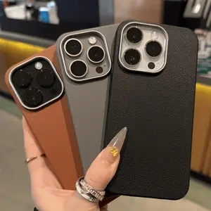 Matte Faux Leather Phone Case for iPhone 16/15/14/13/12 Pro Max/Pro/Plus Unique Anti-Fingerprint Shockproof Protective Cover Protection Black Casing