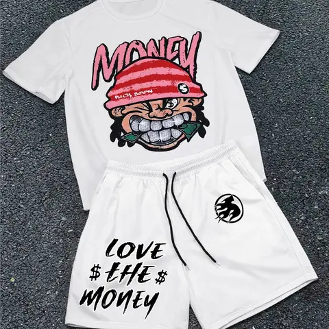 Two-Piece Set Men's Cartoon Face Print Short Sleeve Tee & Boxer Briefs Set, Regular Fit Casual Round Neck T-shirt & Shorts, Men's Summer Clothes, Casual Outfit Set, Casual Fashion Set, Fitted Set Outfit