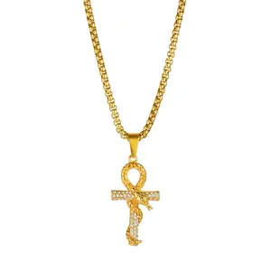 OIDEA Snake-Wrapped Ankh Egyptian Cross Pendant Jewelry Necklace for Men, 1.89" x 0.98" Gold-Tone Stainless Steel with Rhinestone, 22-in Non-Tarnish Gold Statement Wheat Chain Daily Necklace