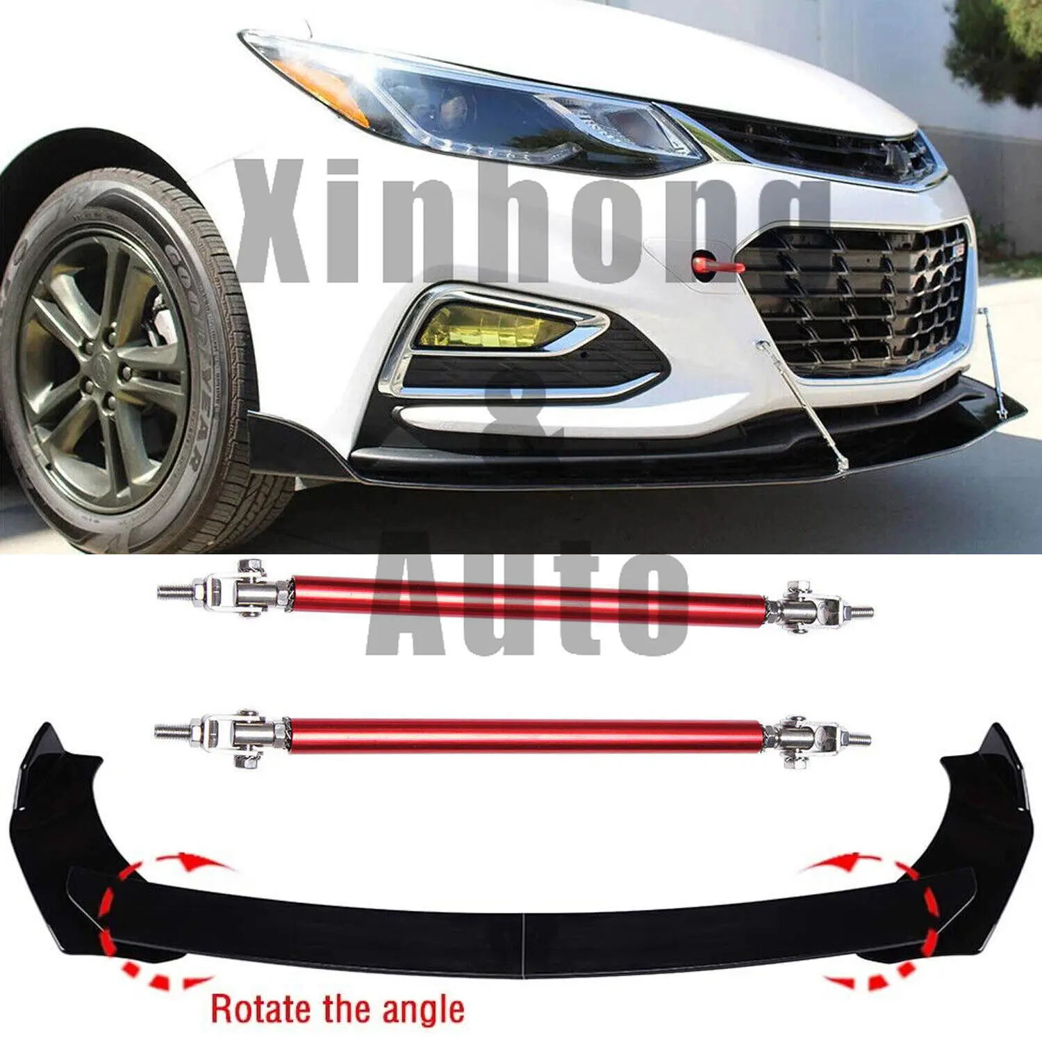 Car Front Bumper Lip Spoiler Splitter Chin Diffuser Body Kit+Strut Rod for Chevrolet Cruze 2010-2021, Universal Fit, ABS Plastic, Durable, Longer Width, Convenient Stable Installation, No Deformation, Prevent Scraping, 1 Set, Includes Screws, Black, Elega