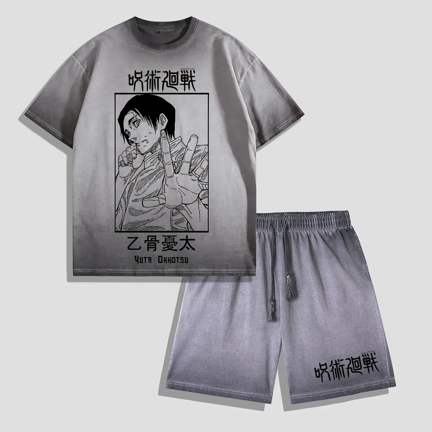 Men's 2-Piece Distressed Vintage Washed Round Neck Short-Sleeve T-Shirt & Shorts Set - Anime Art Print Jujutsu Kaisen Yuta Okkotsu Streetwear for Menswear Fans, Anime Art Print Men's Short-Sleeve T-Shirts