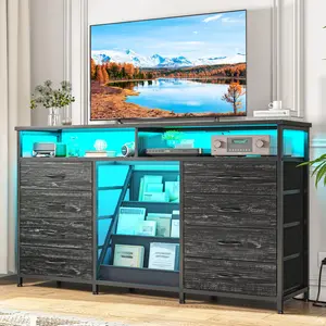 RaybeeFurniture TV Stand Dresser for 65" TV with Power Outlet and LED Lights, TV Stand for Bedroom with Bookrack & 8 Fabric Drawers & Shelves, Entertainment Center for Living Room