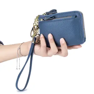 1pc Compact Pebbled Leather Coin Purse Mini Wristlet Pouch with Golden Key Ring, Multifunctional Double Zipper Card Holder Change Purse for Women common Use