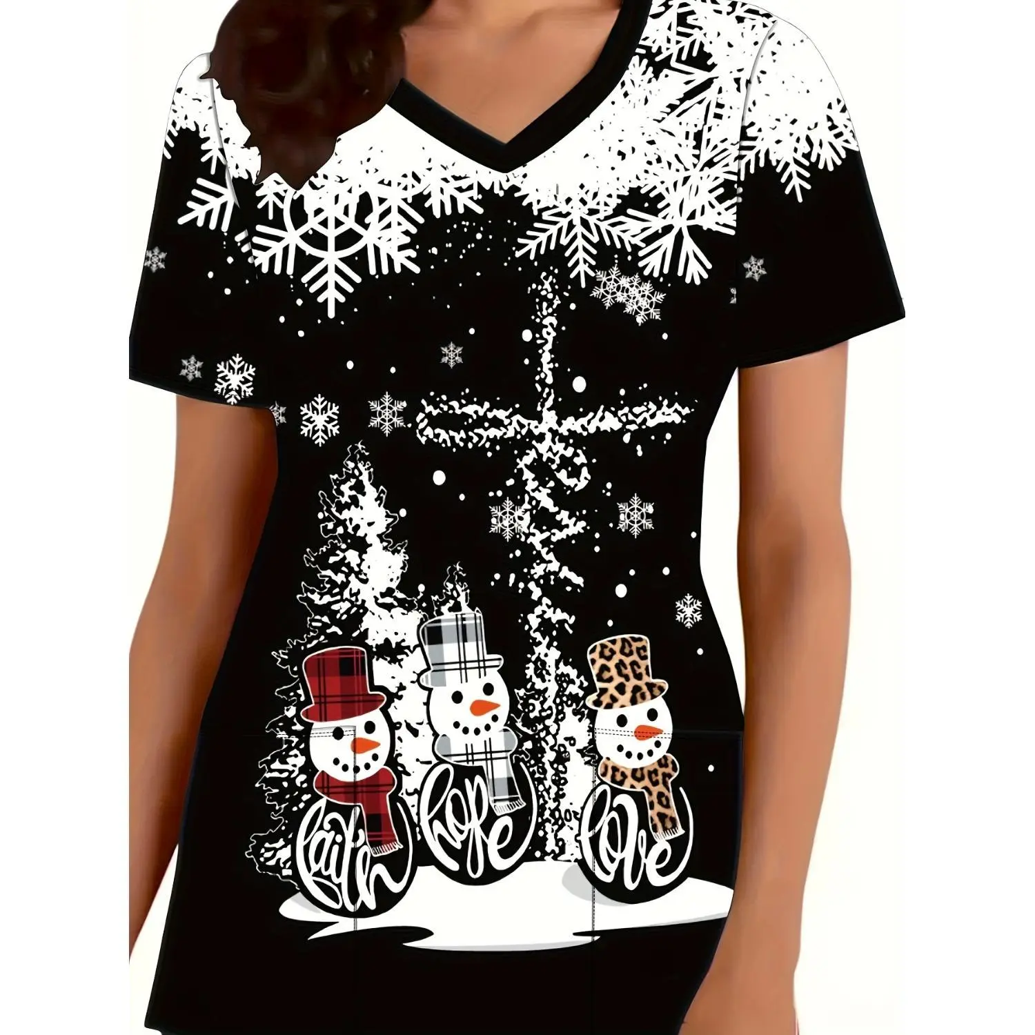 Women's Fashion V-Neck Short Sleeve Top, Christmas Black Snowman Print Casual Comfortable Nurse Uniform with Pockets