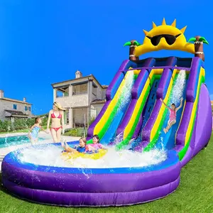 Inflatable Grade Double Water Slide for Kids and Adults with Big Splash Pool, 87 * 212 * 141in Backyard Party Bule Oxford summer Kids Birthday Party Water Slide with Air Blower-Purple