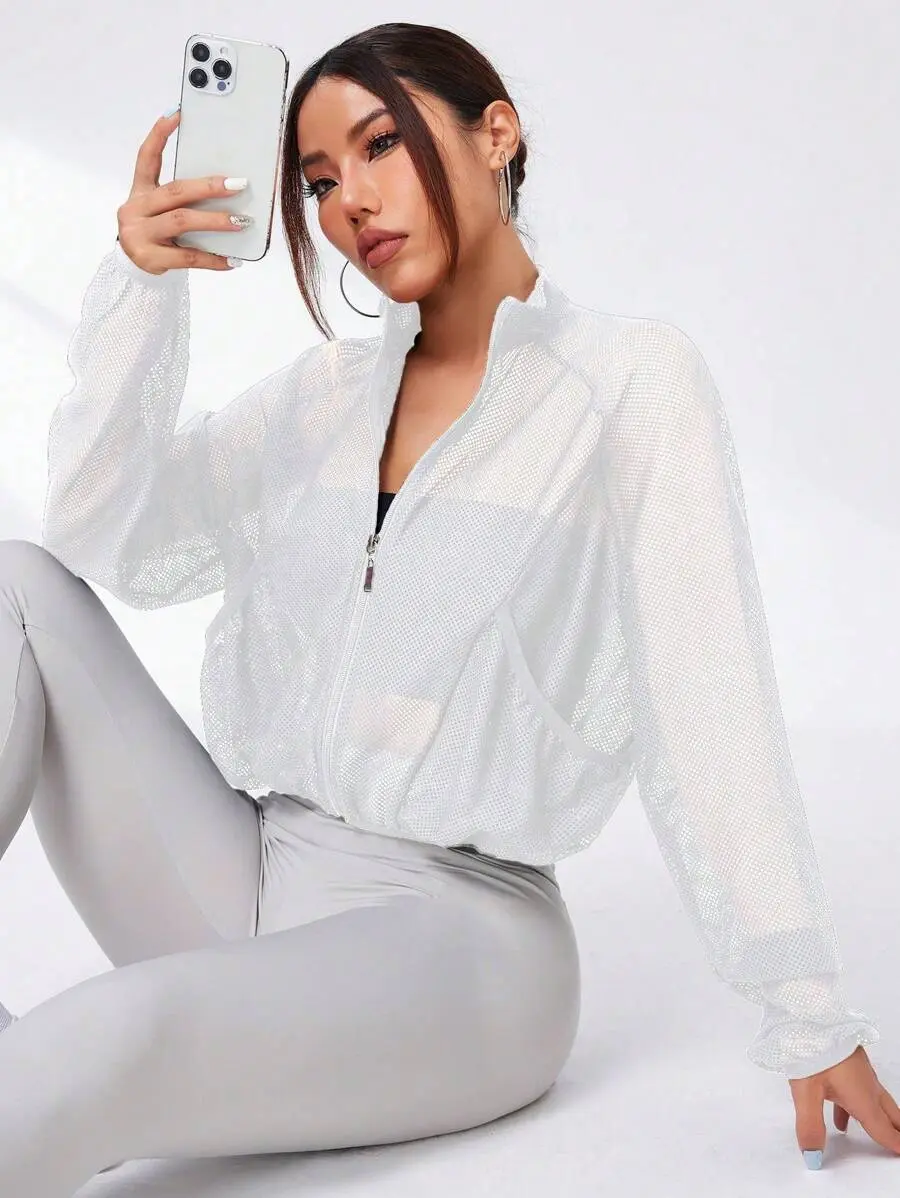 LUNA LAYER Womens Turtleneck Sheer Sports Jacket with Pockets