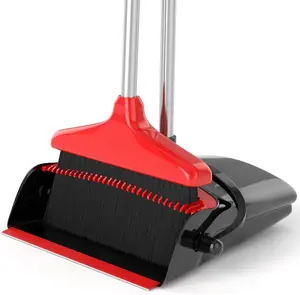 Long Handle Vertical Broom and Dustpan Set for Home Office Cleaning Sweeping Black and Grey with Red Accents
