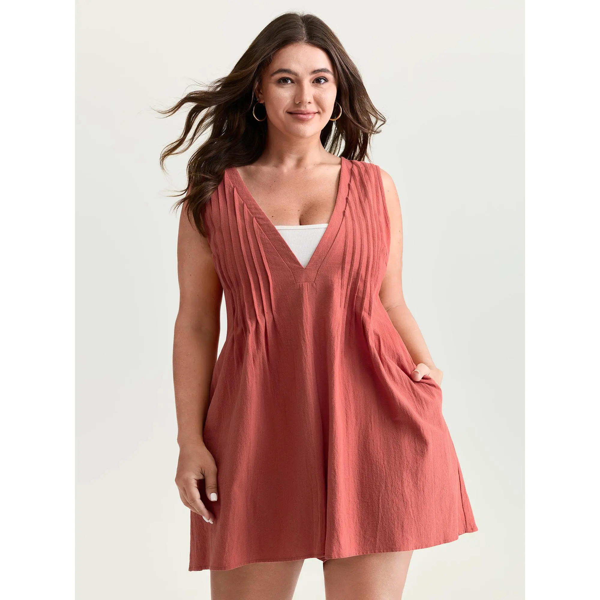 BloomChic Women's Cotton Overalls Romper - Cute Tunic Length, 100% Cotton, Deep V-Neck Cut, Pleated Sides, Pockets, Smooth Casual Fit for Curvy Figures, Cold Wash Safe, Sleeved Design