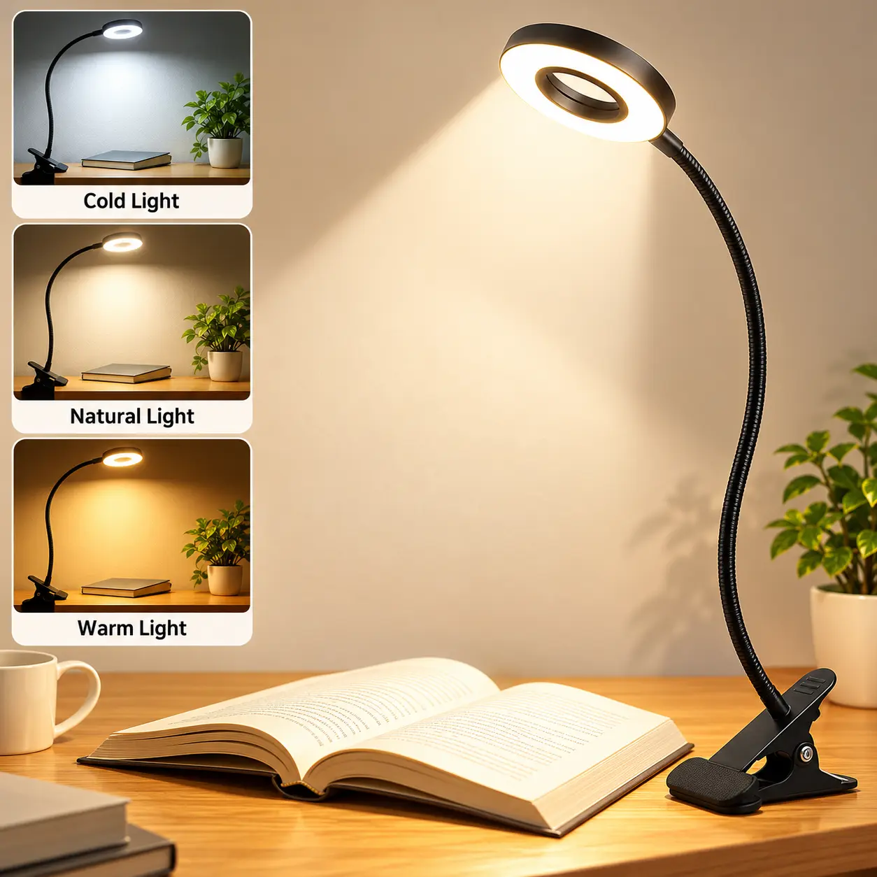 Clip On LED Reading Light for Bed & Desk, USB Powered Ring LED Desk Lamp with 3 Color Modes, 10 Brightness Levels & Flexible Gooseneck, Adjustable Clamp On Book Light for Bed Headboard, Night Reading, Home Office, Study Desk & Dorm Room, Black