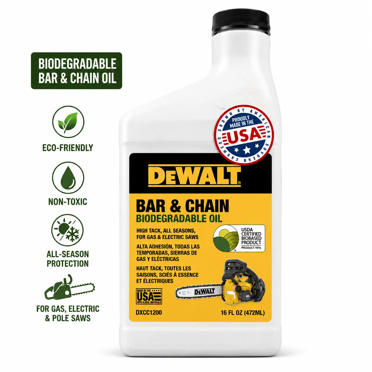 DEWALT 16 oz Biodegradable Bar & Chain Oil - Green, Eco-Friendly, Non-Toxic Professional Chain Lube - Ultraclean All-Season Formula for Pole Saws