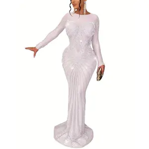 RhinestoneMesh2025LongSleeveMaxiDress-ElegantSheerMeshBodyconFitwithRhinestoneDetailforWomen,PerfectforFormalCrewneckSparkleFabric