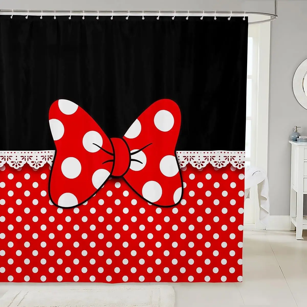Bowknot Shower Curtains,White Dots Bathroom Curtains,Romantic Princess Style Red and Black Waterproof Bath Curtains,Suits for Bathtub