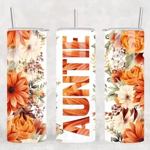 Auntie • 20oz Tumbler Stainless Steel Cup Sublimation Aunt Floral Orange Bottle