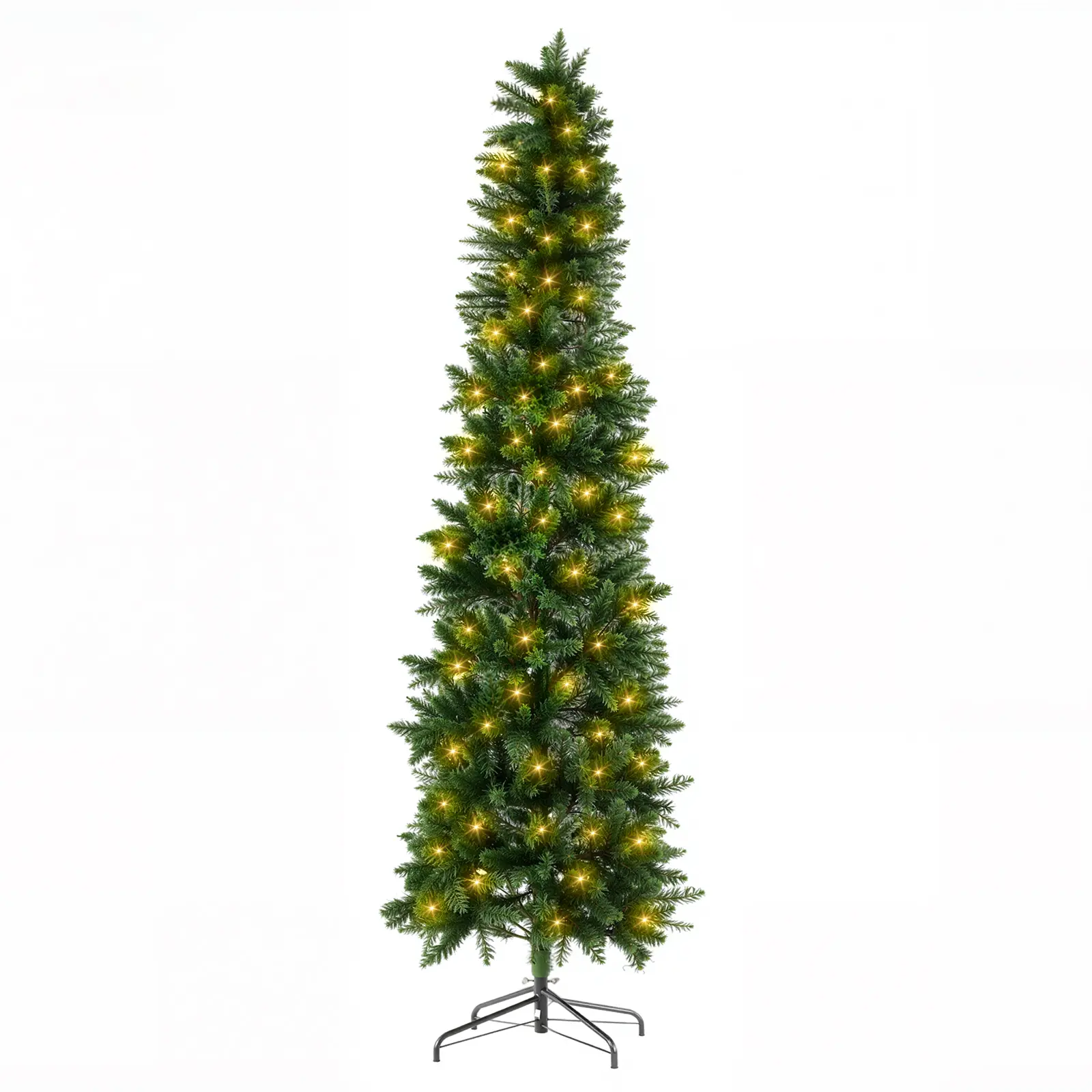 Sweetcrispy 6ft Pre-lit PVC Pencil-Shape Green Artificial Spruce Slim Christmas Tree Set, 250 Incandescent Lights, 571 Branch Tips, Metal Foldable Base, Ornaments-Friendly for Holiday Home, Apartment Decor, Light-Up Christmas Decor