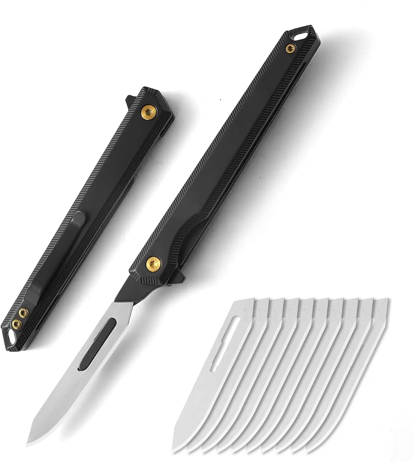 Folding Scalpel Knife,Mini Slim Pocket Knife with 10pcs #60 Scalpels Replaceable Blades,EDC Utility Knife with Liner Lock,Pocket Clip，Ideal Gifts for Men and Women（Black）