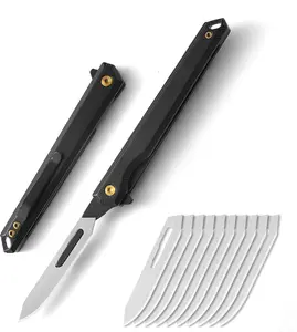 Folding Scalpel Knife,Mini Slim Pocket Knife with 10pcs #60 Scalpels Replaceable Blades,EDC Utility Knife with Liner Lock,Pocket Clip，Ideal Gifts for Men and Women（Black）
