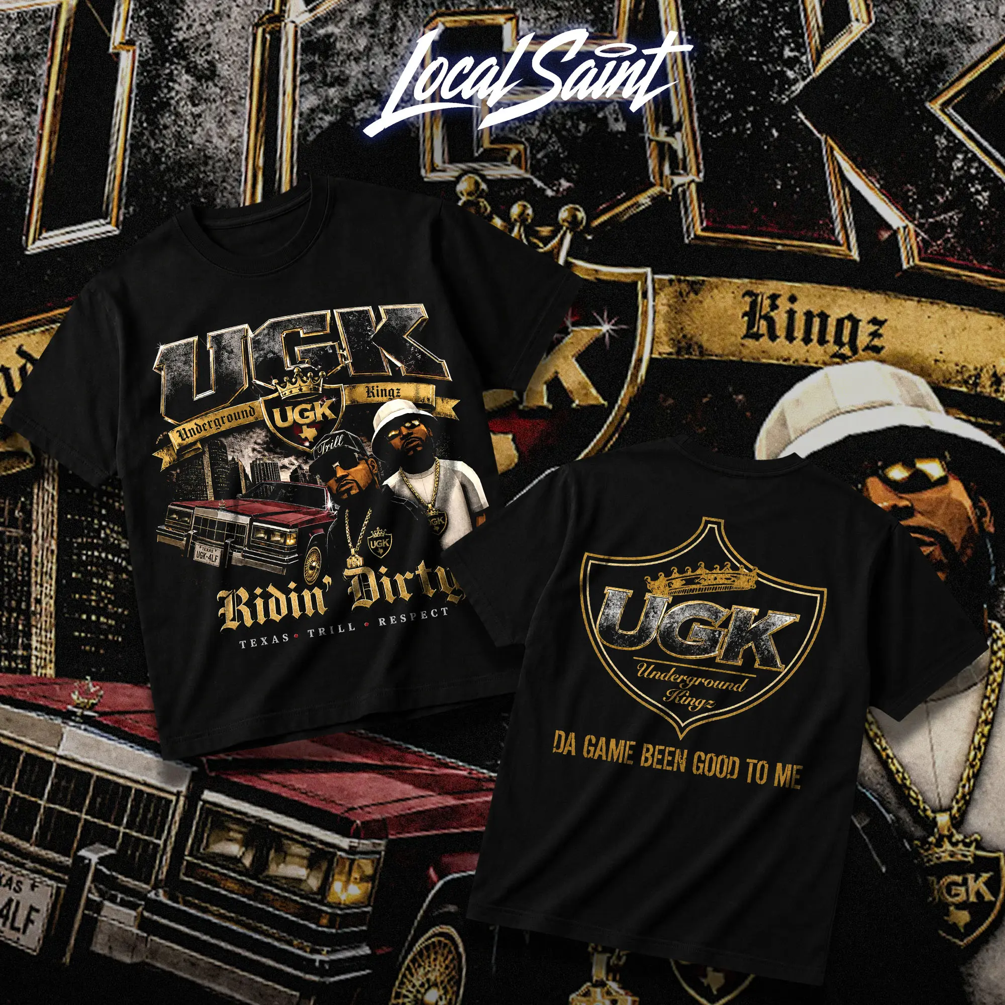 LOCALSAINT UGK Ridin' Dirty Heavy Cotton Unisex Graphic T-Shirt Hoodie Houston Rap Underground Kingz Pimp C Bun B Texas Screwed Up Click DJ Screw 713 Crewneck Tee, Vintage Streetwear Graphic T-Shirt Direct To Garment Breathable Print