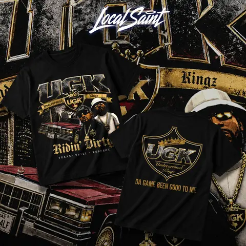 LOCALSAINT UGK Ridin' Dirty Heavy Cotton Unisex Graphic T-Shirt Hoodie Houston Rap Underground Kingz Pimp C Bun B Texas Screwed Up Click DJ Screw 713 Crewneck Tee, Vintage Streetwear Graphic T-Shirt Direct To Garment Breathable Print