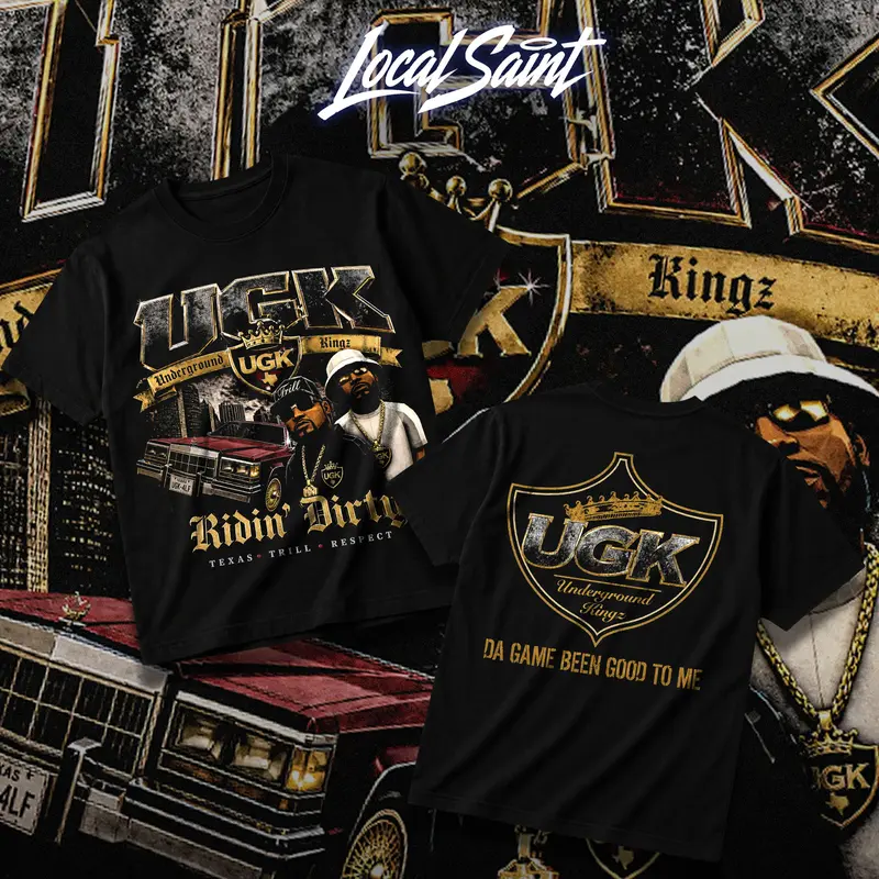 LOCALSAINT UGK Ridin' Dirty Heavy Cotton Unisex Graphic T-Shirt Hoodie Houston Rap Underground Kingz Pimp C Bun B Texas Screwed Up Click DJ Screw 713 Crewneck Tee, Vintage Streetwear Graphic T-Shirt Direct To Garment Breathable Print