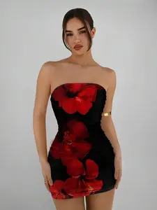 Aloruhhh Women's Casual Bodycon Fitted Mini Dress, Floral Printed, Suitable For Summer,Boho Clothes Women Hibiscus Dress Tube Dress Suitable For Going Out Chic Dress