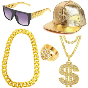 80s 90s Hip Hop Costumes Outfit for Men Gold Chain Money Chain Dollar Sign Baseball Cap Punk Sunglasses Rapper Accessories., Fashion, Ring
