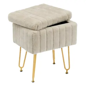 Vanity Storage Stool with Flip-Top Table - Faux Fur Ottoman Footrest & Hidden Storage for Makeup Room & Bedroom