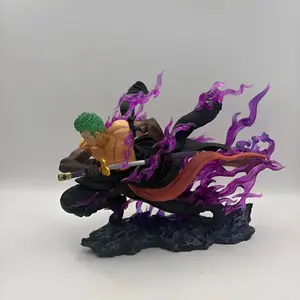 One Piece Roronoa Zoro Figure, Enma Haki Battle Scene, Purple Flame Effect Statue, Anime Model Decor，Drift Rock Base, Desktop Decor Figurine