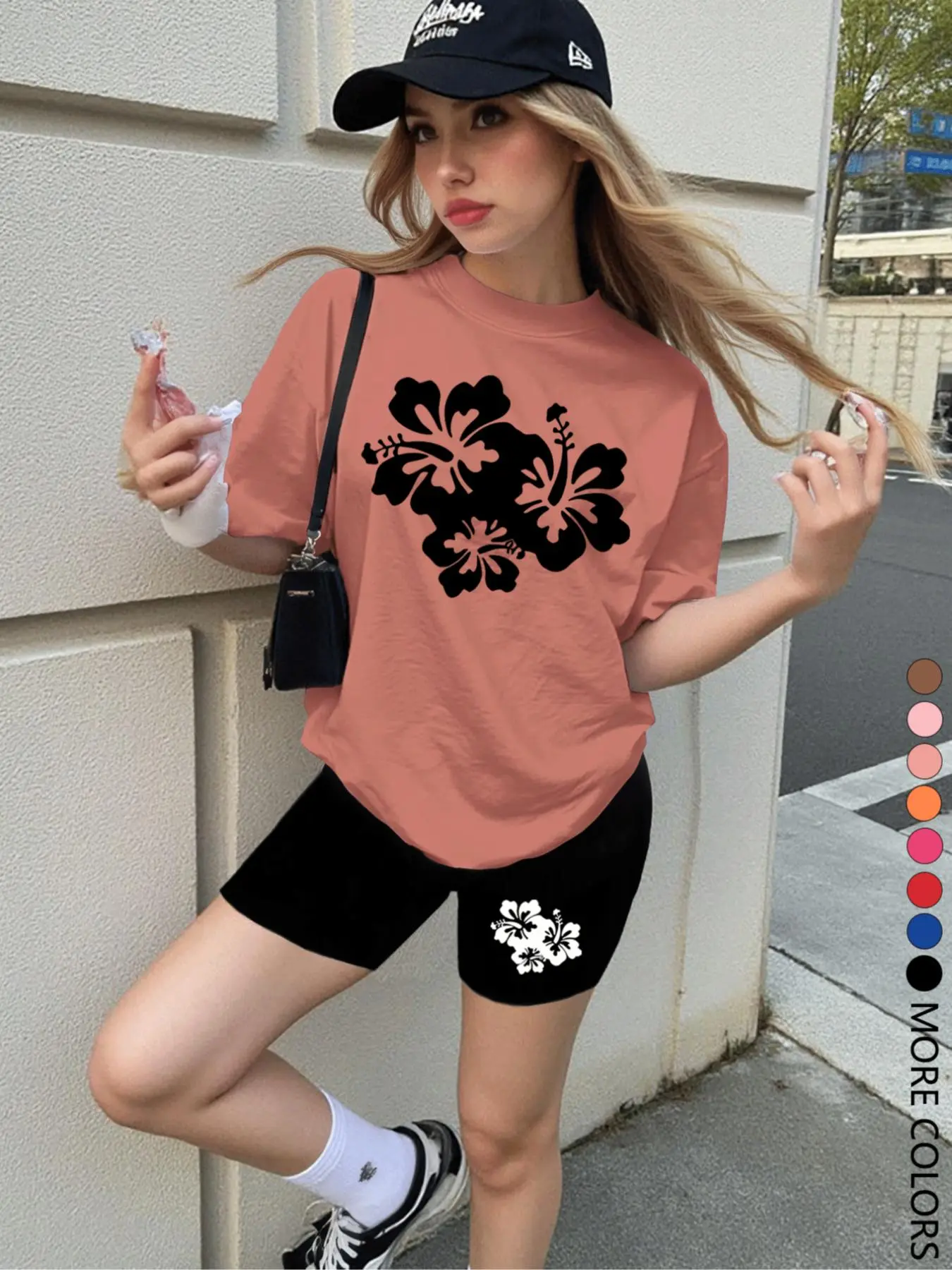 Two-Piece Set Women's Floral Print Tee & Shorts, Casual Short Sleeve Round Neck T-shirt & Skinny Shorts, Ladies Two-piece Outfits for All Seasons, Casual Summer Set, Casual Lounge Sets, Shorts Loungewear Set, Womenswear, Clothes