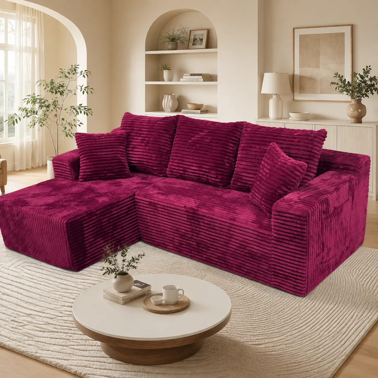 96" L-Shaped Modern Rose Purple Chenille Sectional Sofa Couch - No Assembly Oversized Cloud Couch, Minimalist Modular Upholstered Deep Seat Sofa, Comfy Convertible Sleeper Sofa Set for Living Room, Fluffy Cozy Furniture with Flexible Configuration