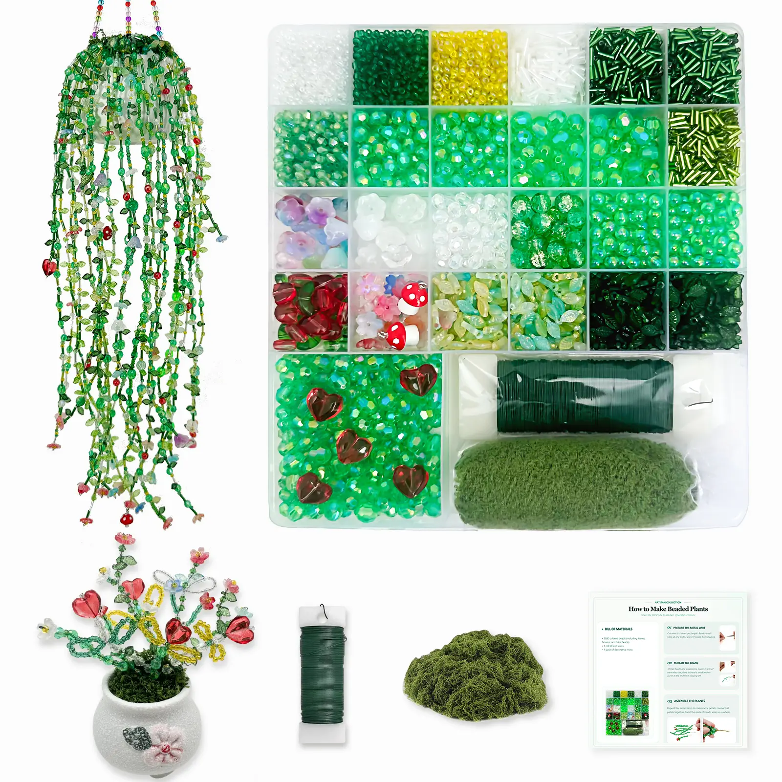Green Glass Flower Beads 5880pcs DIY Beaded Plant Kit,  Acrylic Leaf Beads for Plant DIY Crafts and Jewelry Making Hanging Suncatchers Crystal Forever Plants with Tutorials Garden Decor Gifts for Adults