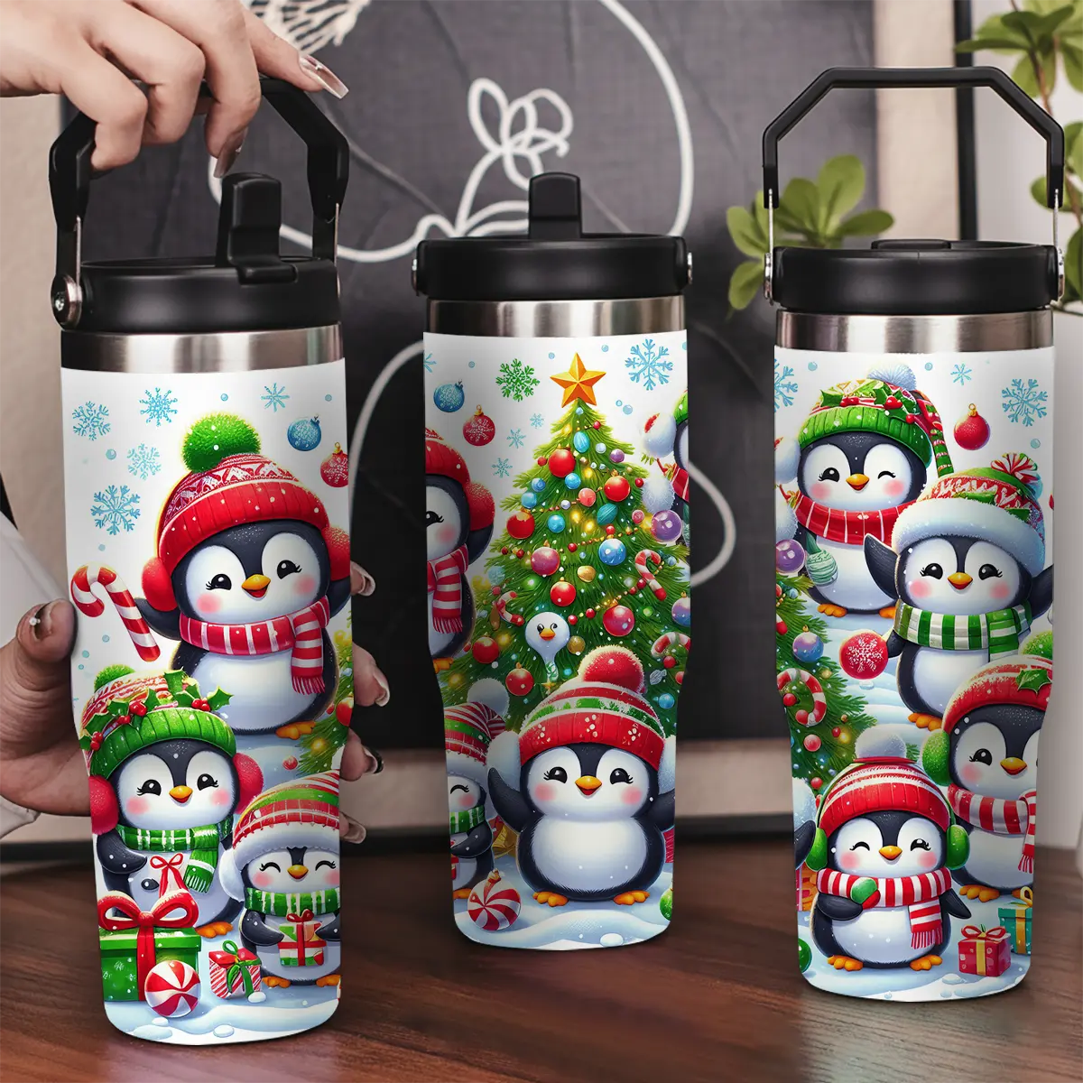 30oz Stainless Steel Insulated Tumbler with Leak-Proof Lid & Portable Handle - Penguins surround a beautiful Christmas tree,Long-Lasting Hot/Cold Insulation,Perfect for Car,Office,Travel and Birthday Gifts, Travel Drinkware,Horse Drink Water Bottles