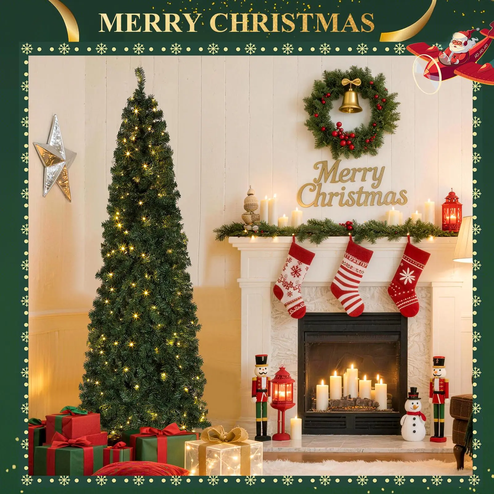 Okicoler Pre-lit Kingswood Fir Slim  Artificial Hinged Christmas Tree Skinny Corner Xmas Tree with 350 Incandescent Warm White Lights Prelighted Xmas Tree with Foldable Stand, Green