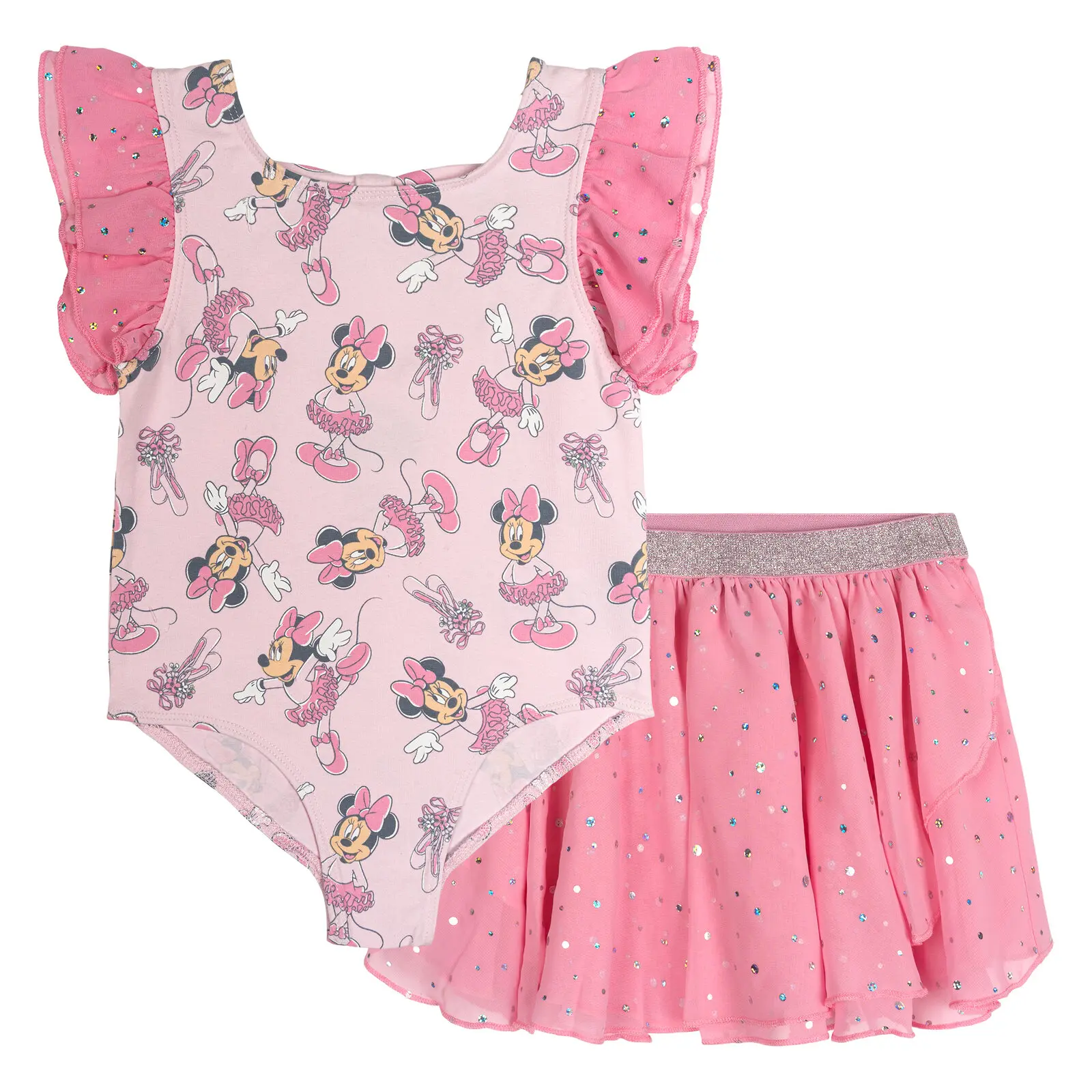 Disney Minnie Mouse Girls' 2-Piece Ballet Leotard and Tutu Skirt Set, Cotton-Spandex Gymnastics Outfit for Toddlers with Glitter Ruffles, Athletic, Characters, 2T, Toddler Sizes, Dance Class, Gym Outfits, Dance Wear, Stretch-Fit, 2-Pieces