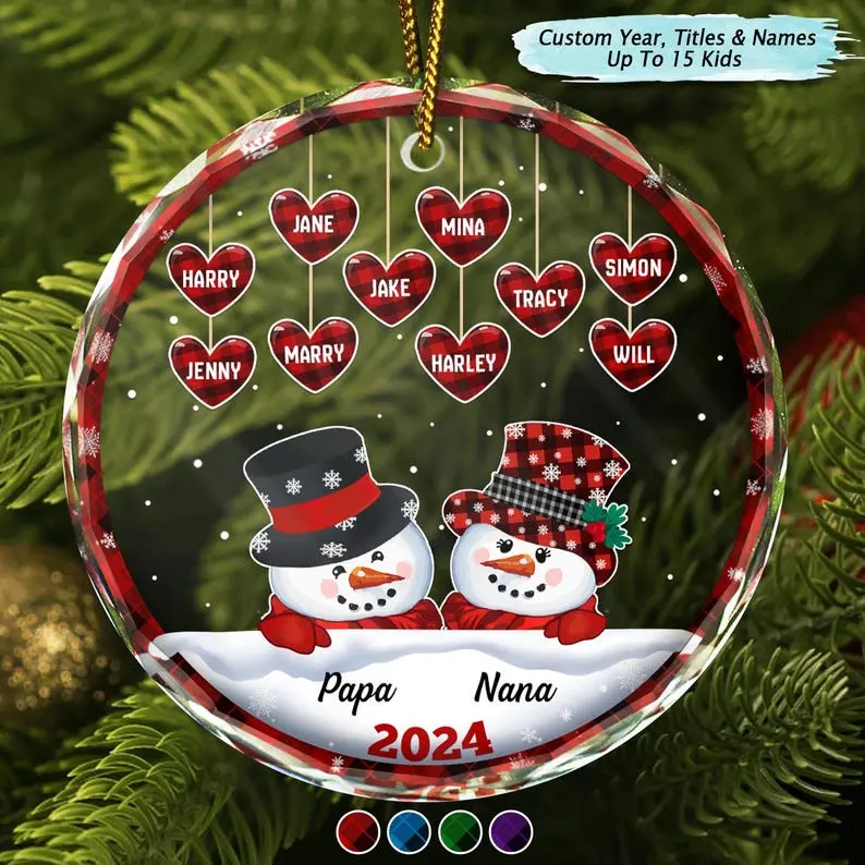 Personalized Papa Nana Snowman Christmas Grandparents, Custom Circle Glass Ornament, Snowman Mom Ornament Christmas, Keepsake Xmas, Grandkids Ornament