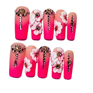 NailBee Pink Ombre 3D Flower Rhinestone Press On Nails
